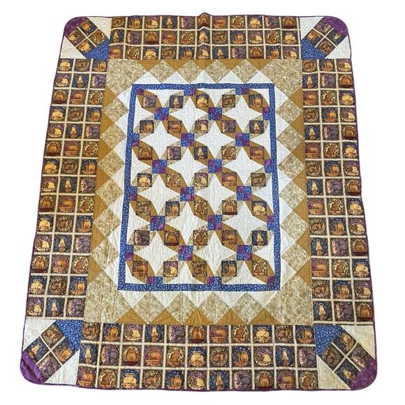 VTG Handmade Quilt Dan Morris Cat Art 1999 Timeless Treasures Folk Art 60x70 - Picture 1 of 12